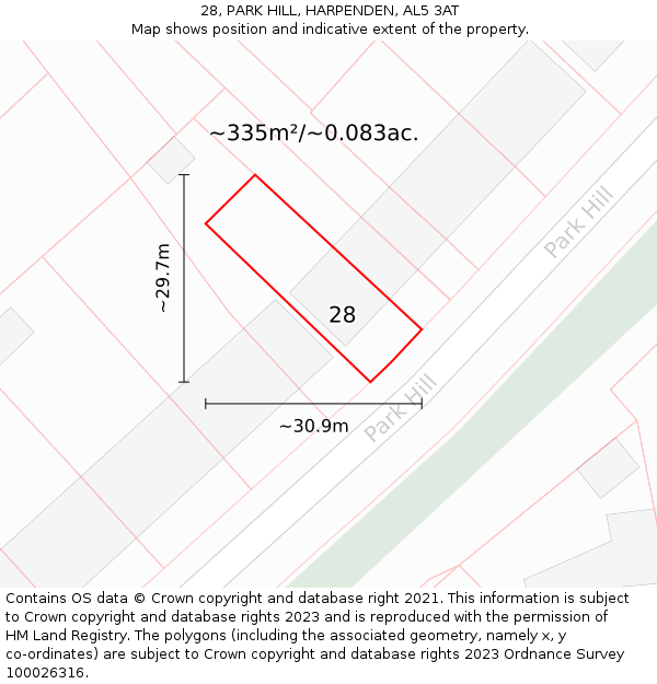 28, PARK HILL, HARPENDEN, AL5 3AT: Plot and title map