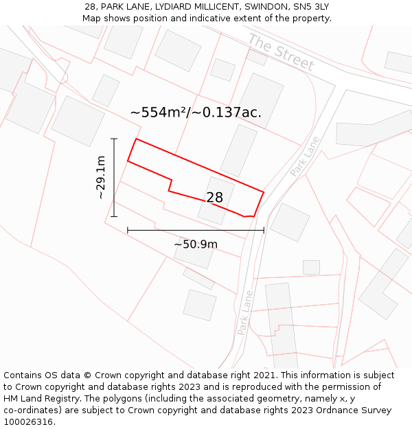 28, PARK LANE, LYDIARD MILLICENT, SWINDON, SN5 3LY: Plot and title map