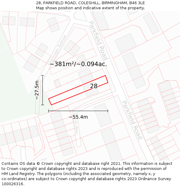 28, PARKFIELD ROAD, COLESHILL, BIRMINGHAM, B46 3LE: Plot and title map