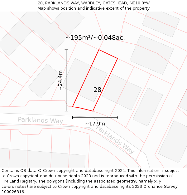 28, PARKLANDS WAY, WARDLEY, GATESHEAD, NE10 8YW: Plot and title map