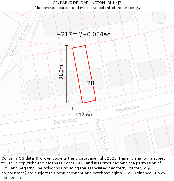 28, PARKSIDE, DARLINGTON, DL1 4JR: Plot and title map