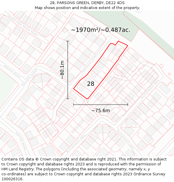 28, PARSONS GREEN, DERBY, DE22 4DS: Plot and title map