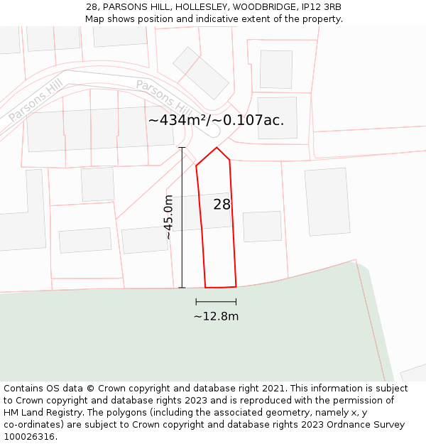 28, PARSONS HILL, HOLLESLEY, WOODBRIDGE, IP12 3RB: Plot and title map