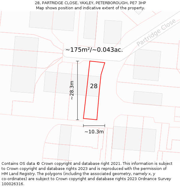 28, PARTRIDGE CLOSE, YAXLEY, PETERBOROUGH, PE7 3HP: Plot and title map