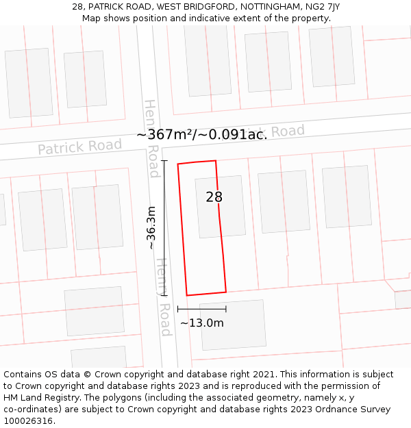 28, PATRICK ROAD, WEST BRIDGFORD, NOTTINGHAM, NG2 7JY: Plot and title map