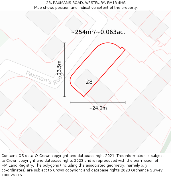 28, PAXMANS ROAD, WESTBURY, BA13 4HS: Plot and title map