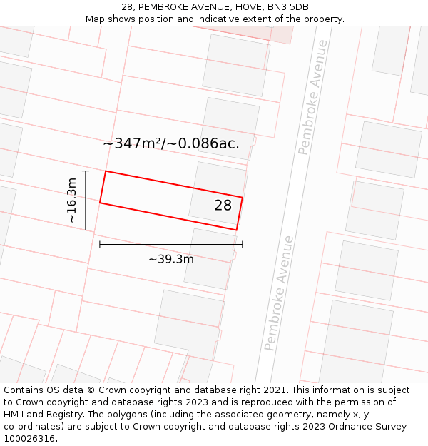 28, PEMBROKE AVENUE, HOVE, BN3 5DB: Plot and title map