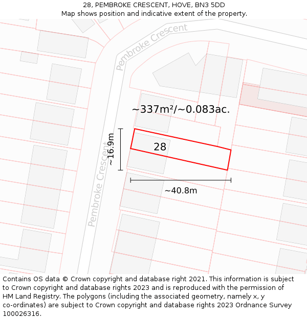 28, PEMBROKE CRESCENT, HOVE, BN3 5DD: Plot and title map