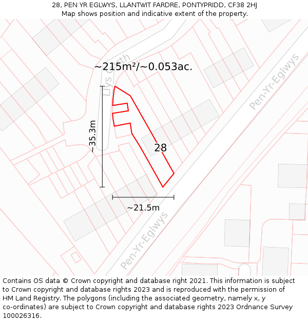 28, PEN YR EGLWYS, LLANTWIT FARDRE, PONTYPRIDD, CF38 2HJ: Plot and title map