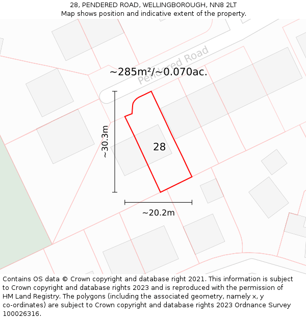 28, PENDERED ROAD, WELLINGBOROUGH, NN8 2LT: Plot and title map