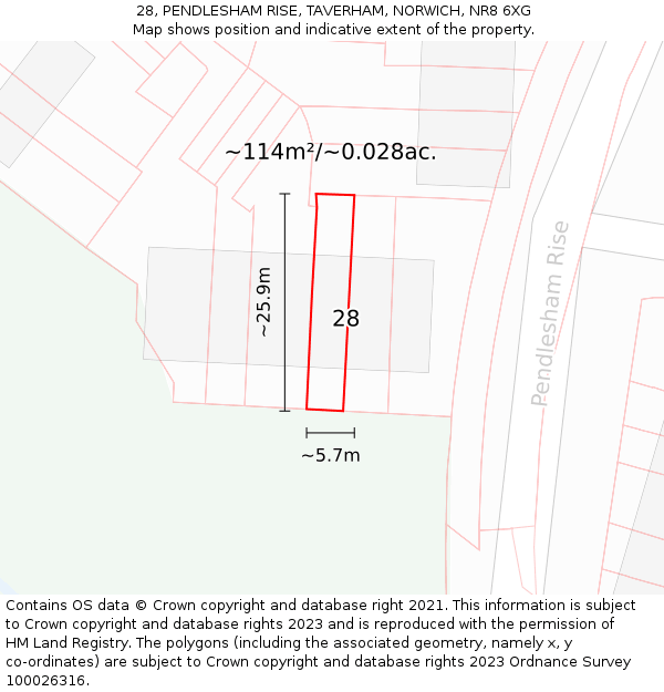 28, PENDLESHAM RISE, TAVERHAM, NORWICH, NR8 6XG: Plot and title map