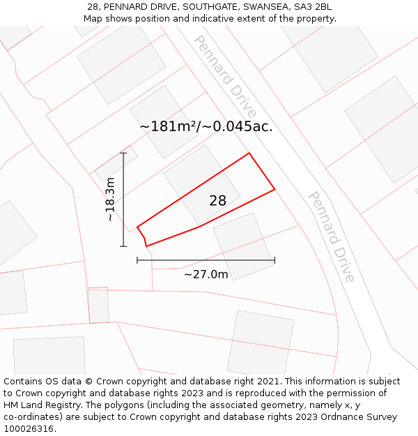 28, PENNARD DRIVE, SOUTHGATE, SWANSEA, SA3 2BL: Plot and title map