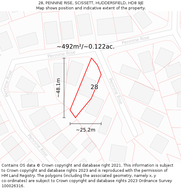 28, PENNINE RISE, SCISSETT, HUDDERSFIELD, HD8 9JE: Plot and title map