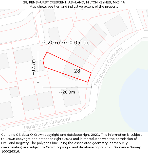 28, PENSHURST CRESCENT, ASHLAND, MILTON KEYNES, MK6 4AJ: Plot and title map