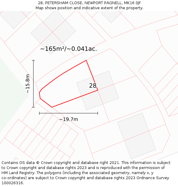 28, PETERSHAM CLOSE, NEWPORT PAGNELL, MK16 0JF: Plot and title map