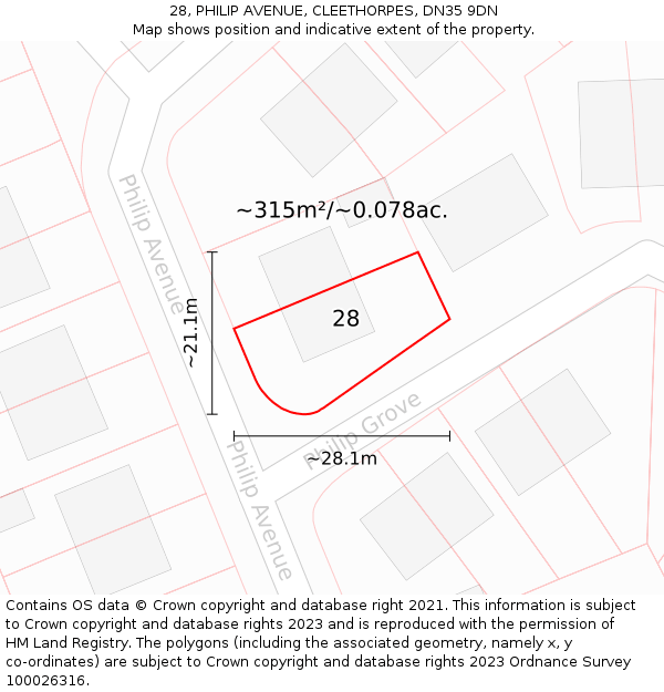 28, PHILIP AVENUE, CLEETHORPES, DN35 9DN: Plot and title map