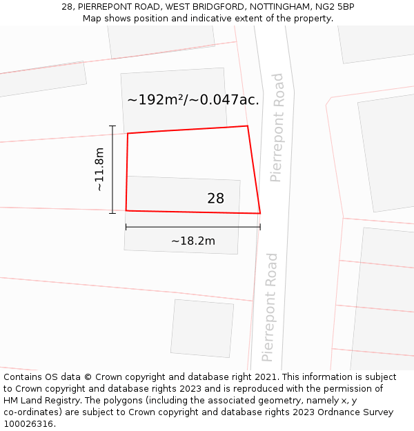 28, PIERREPONT ROAD, WEST BRIDGFORD, NOTTINGHAM, NG2 5BP: Plot and title map