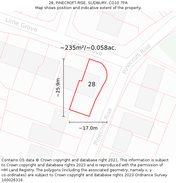 28, PINECROFT RISE, SUDBURY, CO10 7PA: Plot and title map