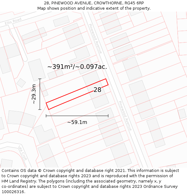 28, PINEWOOD AVENUE, CROWTHORNE, RG45 6RP: Plot and title map