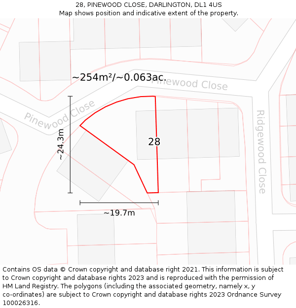 28, PINEWOOD CLOSE, DARLINGTON, DL1 4US: Plot and title map