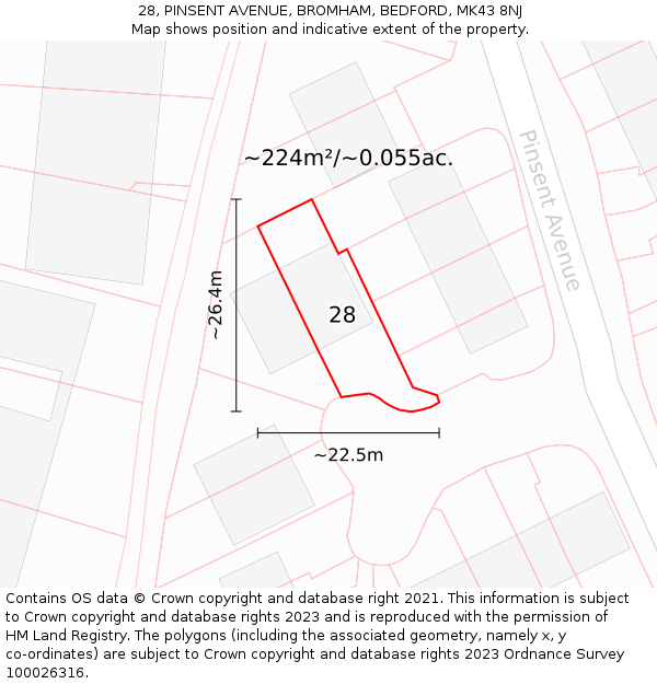 28, PINSENT AVENUE, BROMHAM, BEDFORD, MK43 8NJ: Plot and title map