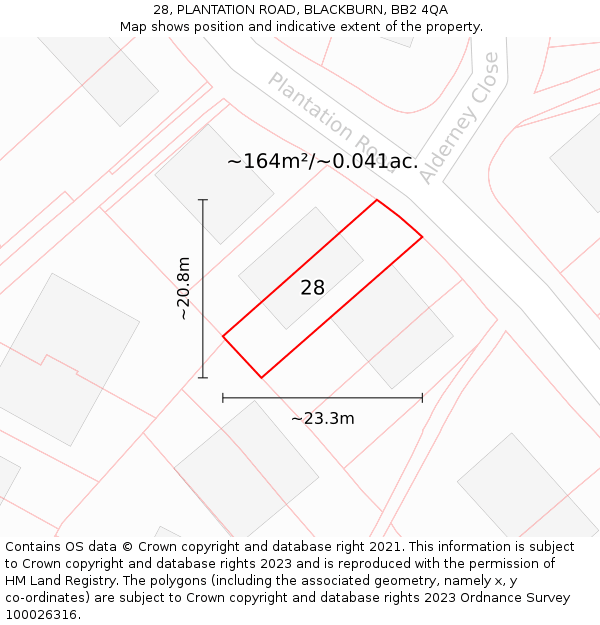 28, PLANTATION ROAD, BLACKBURN, BB2 4QA: Plot and title map