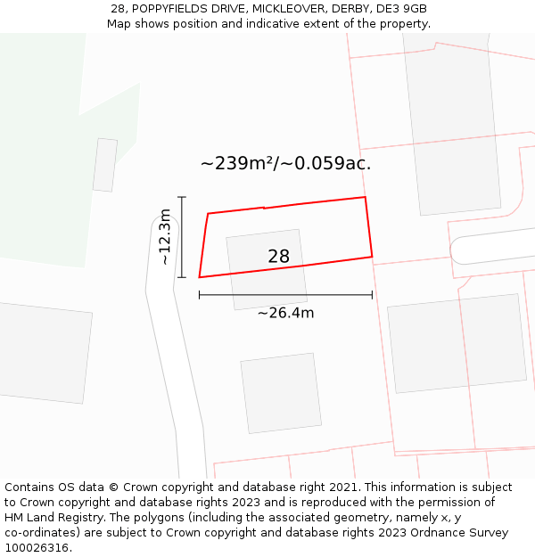 28, POPPYFIELDS DRIVE, MICKLEOVER, DERBY, DE3 9GB: Plot and title map