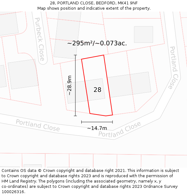 28, PORTLAND CLOSE, BEDFORD, MK41 9NF: Plot and title map