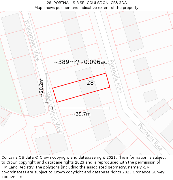 28, PORTNALLS RISE, COULSDON, CR5 3DA: Plot and title map