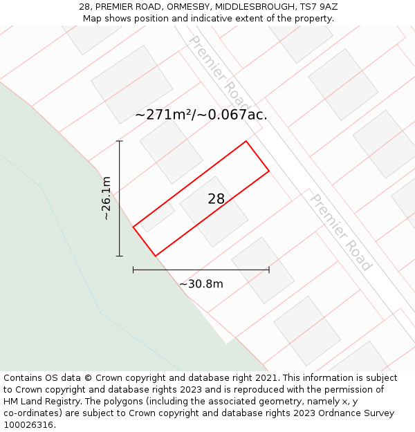 28, PREMIER ROAD, ORMESBY, MIDDLESBROUGH, TS7 9AZ: Plot and title map