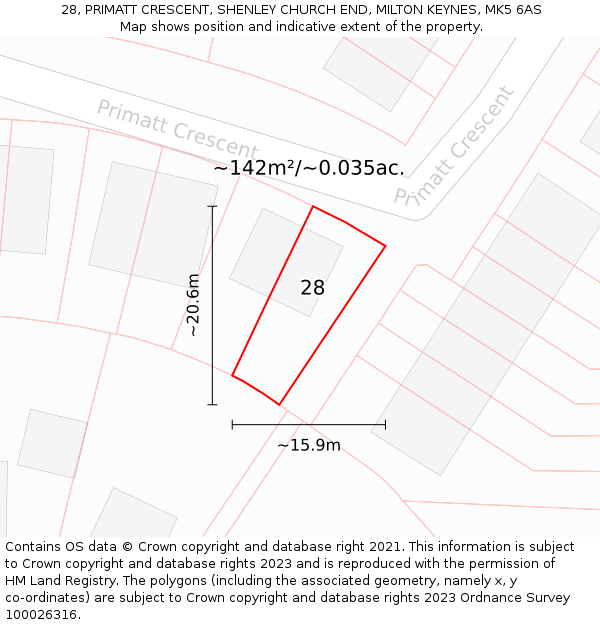 28, PRIMATT CRESCENT, SHENLEY CHURCH END, MILTON KEYNES, MK5 6AS: Plot and title map