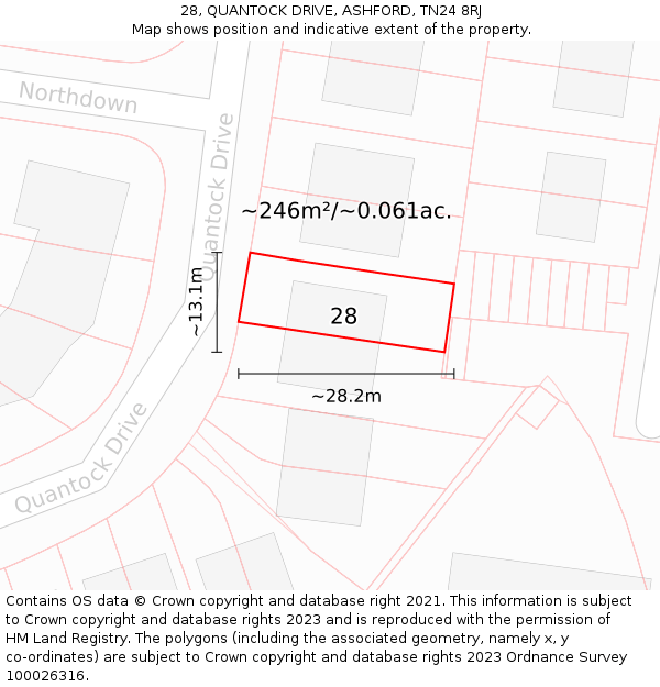 28, QUANTOCK DRIVE, ASHFORD, TN24 8RJ: Plot and title map