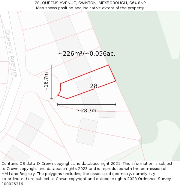 28, QUEENS AVENUE, SWINTON, MEXBOROUGH, S64 8NP: Plot and title map