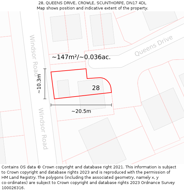 28, QUEENS DRIVE, CROWLE, SCUNTHORPE, DN17 4DL: Plot and title map
