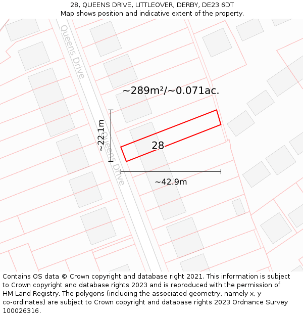 28, QUEENS DRIVE, LITTLEOVER, DERBY, DE23 6DT: Plot and title map