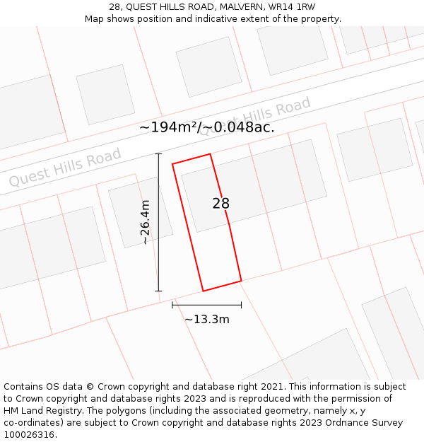 28, QUEST HILLS ROAD, MALVERN, WR14 1RW: Plot and title map