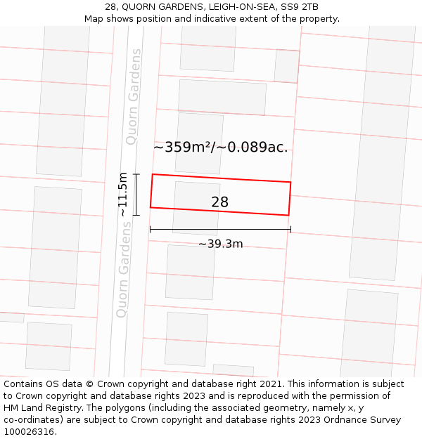 28, QUORN GARDENS, LEIGH-ON-SEA, SS9 2TB: Plot and title map