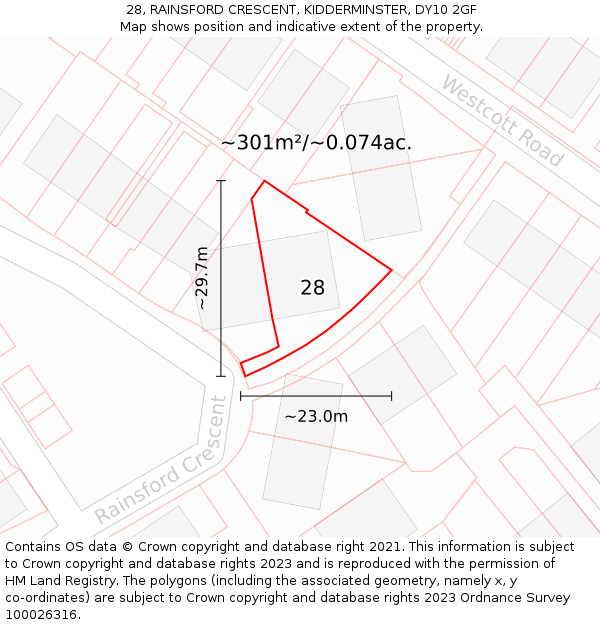 28, RAINSFORD CRESCENT, KIDDERMINSTER, DY10 2GF: Plot and title map