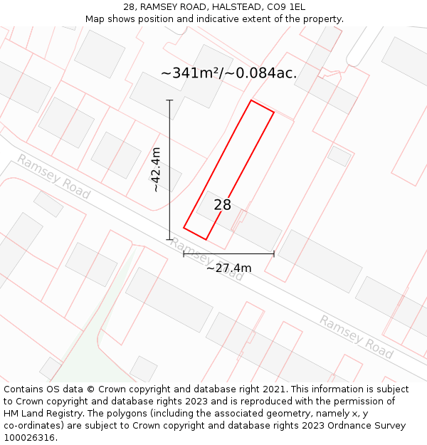 28, RAMSEY ROAD, HALSTEAD, CO9 1EL: Plot and title map