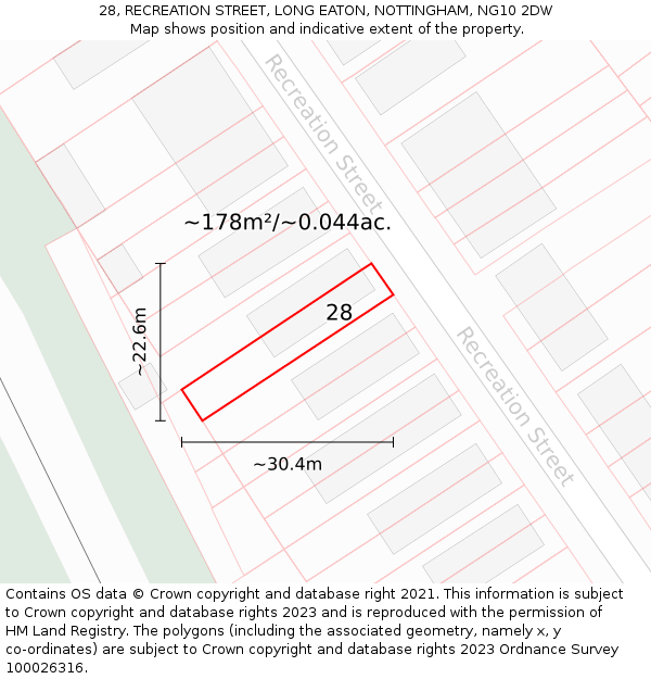 28, RECREATION STREET, LONG EATON, NOTTINGHAM, NG10 2DW: Plot and title map