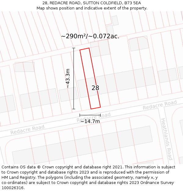 28, REDACRE ROAD, SUTTON COLDFIELD, B73 5EA: Plot and title map