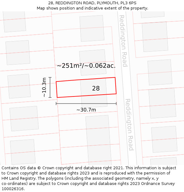 28, REDDINGTON ROAD, PLYMOUTH, PL3 6PS: Plot and title map