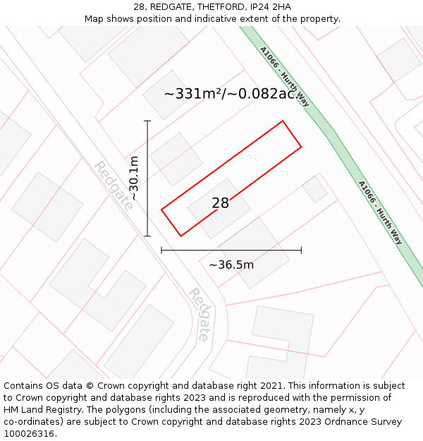 28, REDGATE, THETFORD, IP24 2HA: Plot and title map