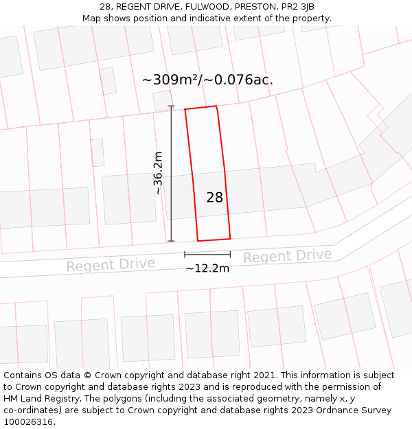 28, REGENT DRIVE, FULWOOD, PRESTON, PR2 3JB: Plot and title map