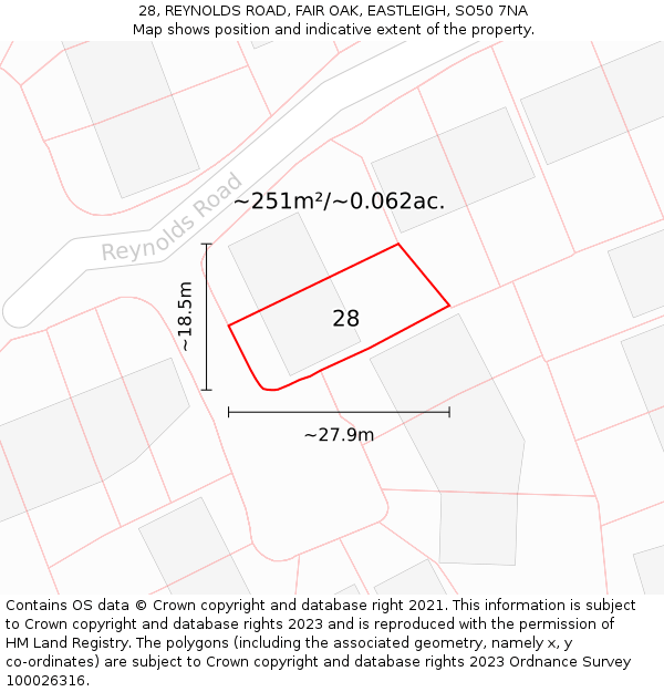 28, REYNOLDS ROAD, FAIR OAK, EASTLEIGH, SO50 7NA: Plot and title map