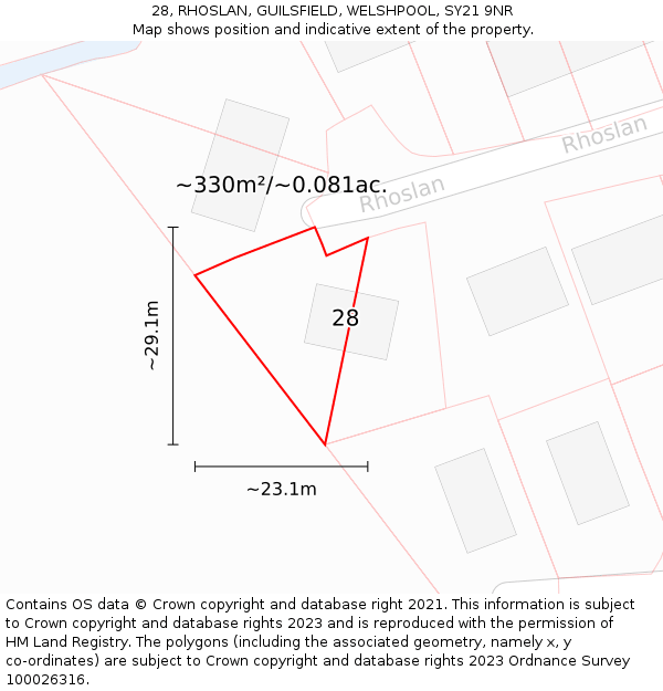 28, RHOSLAN, GUILSFIELD, WELSHPOOL, SY21 9NR: Plot and title map