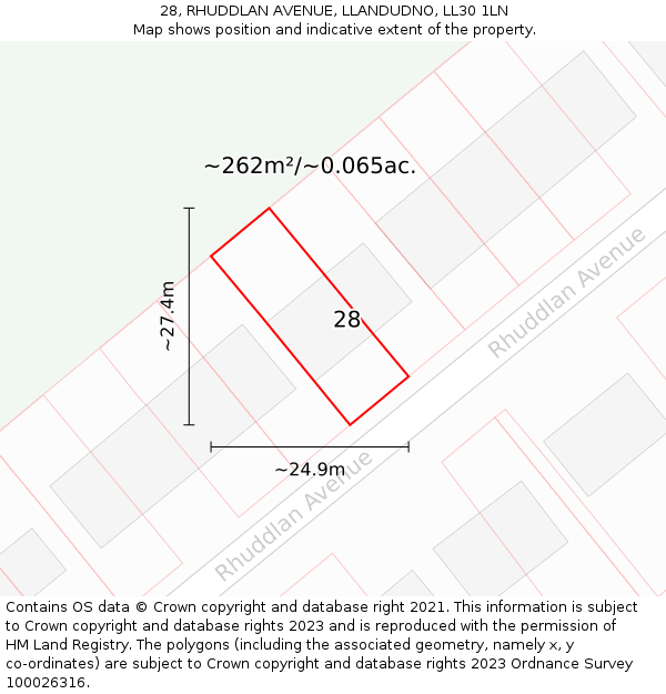 28, RHUDDLAN AVENUE, LLANDUDNO, LL30 1LN: Plot and title map