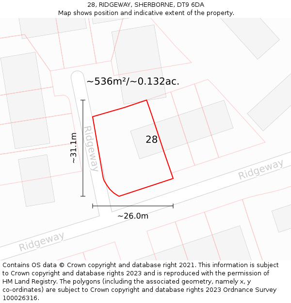 28, RIDGEWAY, SHERBORNE, DT9 6DA: Plot and title map