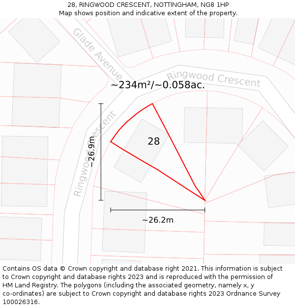 28, RINGWOOD CRESCENT, NOTTINGHAM, NG8 1HP: Plot and title map