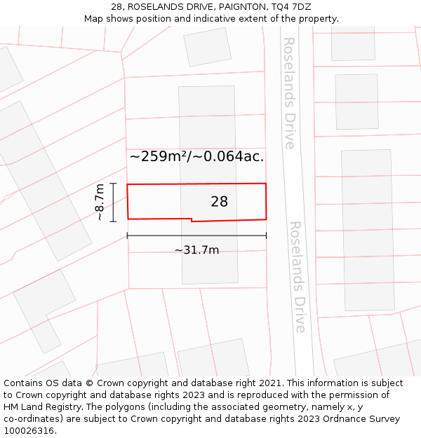 28, ROSELANDS DRIVE, PAIGNTON, TQ4 7DZ: Plot and title map